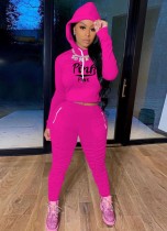 Fall Sports Rosy Red Letter Printed Hoody Ruched Two Piece Sweatsuits