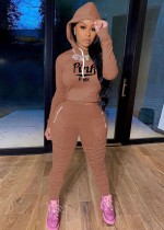 Fall Sports Brown Letter Printed Hoody Ruched Two Piece Sweatsuits