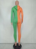 Winter Orange and Green Contrast Zipper Hoody Fitness Jumpsuit