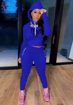 Fall Sports Blue Letter Printed Hoody Ruched Two Piece Sweatsuits