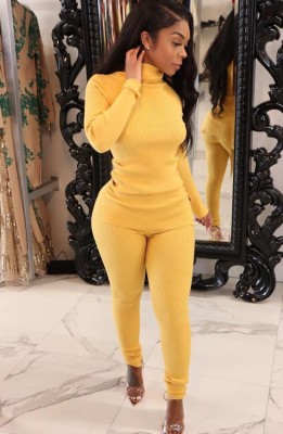Fall Solid Yellow High Neck Slim Long Sleeve Top and Match Two Piece Pants Set