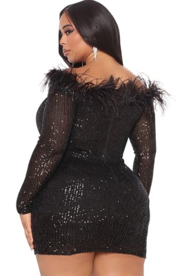 Fall Splus Size Black Sequins Fur Trim Long Sleeve Club Dress