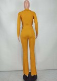 Fall Solid Ginger V-neck Turndown Collar Knitted Top and Match Two Piece Pants Set