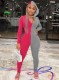 Winter Rosy Red and Gray Contrast Zipper Hoody Fitness Jumpsuit