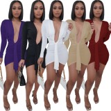 Fall Sexy khaki Plunge V-neck Long Sleeve Irregular Bodycon Dress