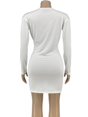 Fall Sexy White Plunge V-neck Long Sleeve Irregular Bodycon Dress