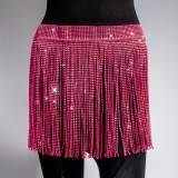 Sexy Rosy Red Bling Bling Rhinestone Fringe Tassels Night Club Skirt