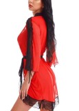 Sexy Chemise Red Lace Patck Nightgown Robe with Panty