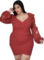 Fall Plus Size Red Floral Applique Puff Sleeve V-neck Bodycon Dress