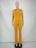 Fall Solid Ginger V-neck Turndown Collar Knitted Top and Match Two Piece Pants Set