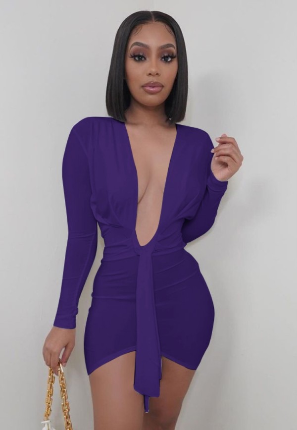 Fall Sexy Purple Plunge V-neck Long Sleeve Irregular Bodycon Dress