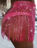 Sexy Rosy Red Bling Bling Rhinestone Fringe Tassels Night Club Skirt