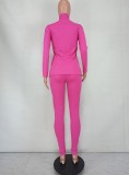 Fall Solid Rosy Red High Neck Slim Long Sleeve Top and Match Two Piece Pants Set