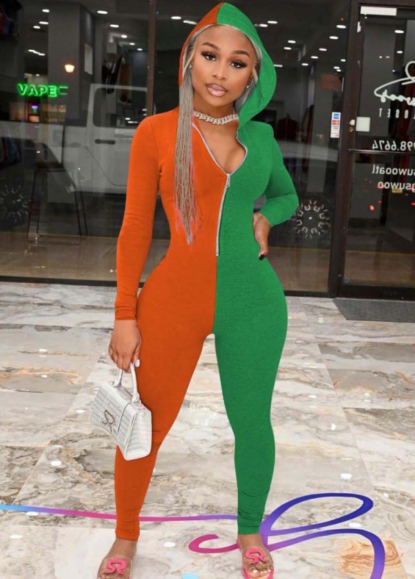 Winter Orange and Green Contrast Zipper Hoody Fitness Jumpsuit