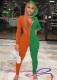 Winter Orange and Green Contrast Zipper Hoody Fitness Jumpsuit