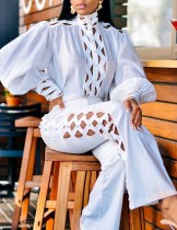 Fall Retro White Hollow Out Puff Sleeve Blouse and Match Pants Set