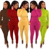 Fall Solid Yellow High Neck Slim Long Sleeve Top and Match Two Piece Pants Set