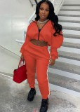 Winter Casual Orange Zipper Puffed Long Sleeve Crop Top And Pant Two Piece Set