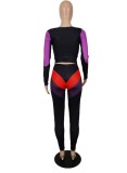 Fall Sexy Red Contrast Cut Out Long Sleeve Top And Pant Two Piece Set