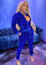 Winter Sexy Blue Sequins Zipper Long Sleeve Top And Pant Two Piece Set