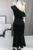Summer Elegant Black Irrgular One Shoulder Sleeveless Fishtail Skirt