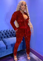Winter Sexy Red Sequins Zipper Long Sleeve Top And Pant Two Piece Set