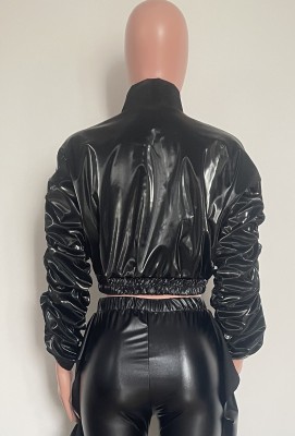 Winter Casual Black Long Sleeve Zipper Pu Leather Coat