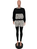 Winter Black Contrast With Leopard Print Long Sleeve Top And Pant Two Piece Set