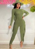 Winter Sexy Green Round Neck Long Sleeve Tassels Jumpsuit