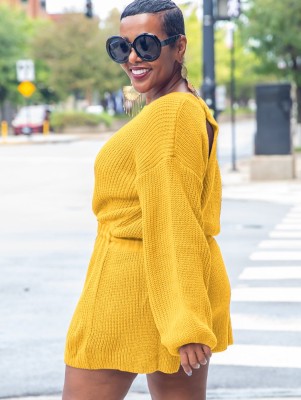 Winter Yellow Adjustable Drawstring Long Sleeve Sweater Romper