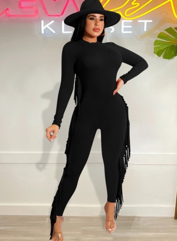 Winter Sexy Black Round Neck Long Sleeve Tassels Jumpsuit