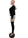 Winter Black Contrast With Leopard Print Long Sleeve Top And Pant Two Piece Set