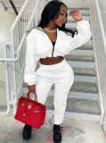 Winter Casual White Zipper Puffed Long Sleeve Crop Top And Pant Two Piece Set