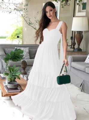 Summer Elegant White Dot Straps Sleeveless Long Dress