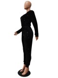 Winter Sexy Black Sequins Zipper Long Sleeve Top And Pant Two Piece Set