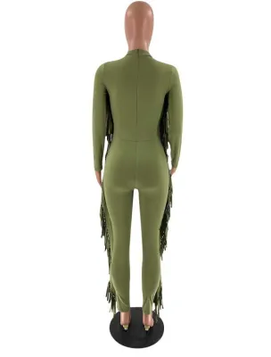 Winter Sexy Green Round Neck Long Sleeve Tassels Jumpsuit