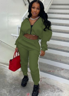 Winter Casual Green Zipper Puffed Long Sleeve Crop Top And Pant Two Piece Set