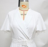 Summer Elegant White V Neck Short Sleeve Long Dress