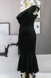 Summer Elegant Black Irrgular One Shoulder Sleeveless Fishtail Skirt