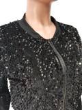 Winter Sexy Black Sequins Zipper Long Sleeve Top And Pant Two Piece Set