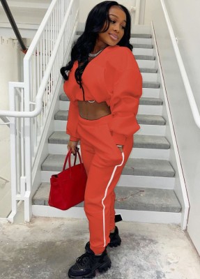 Winter Casual Orange Zipper Puffed Long Sleeve Crop Top And Pant Two Piece Set