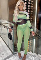 Autumn Green Mesh See Through Crop Top and Pants Two Piece Set