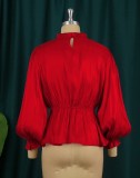 Autumn Red Formal Puff Sleeves Ruffle Peplum Top