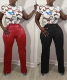 Winter Red High Waist Zipped Fly Straight Leather Trousers