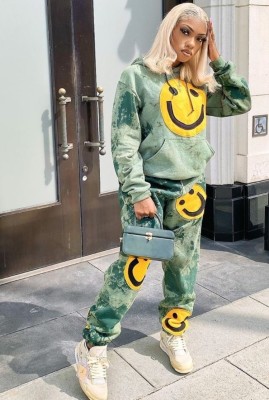 Winter Green Print Smile Emoji Hood Two Piece Pants Sweatsuit