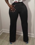 Winter Black High Waist Zipped Fly Straight Leather Trousers
