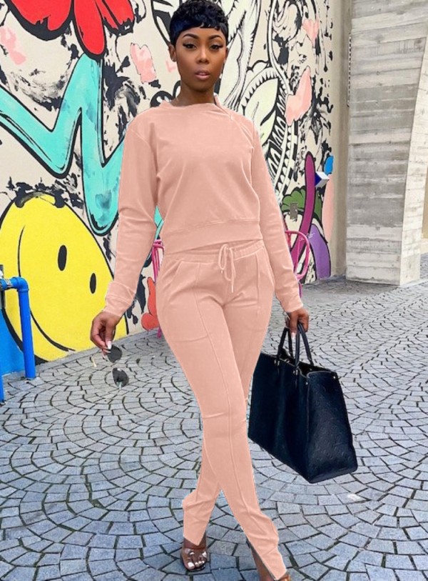 Winter Pink Casual Zippers Long Sleeve Shirt and Pants Two Piece Set