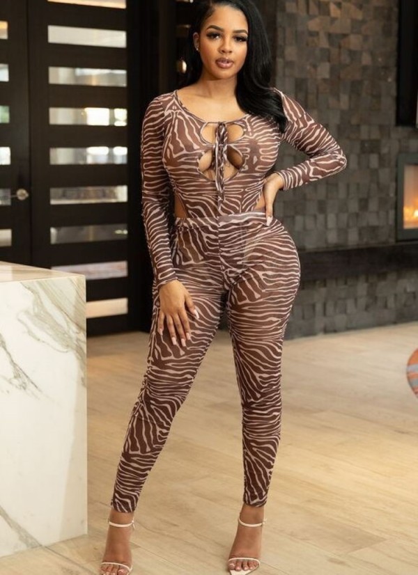 Autumn Brown Zebra Print Sexy Bodysuit and Leggings Two Piece Pants Set