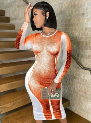 Winter Orange Print Sexy Long Sleeves Party Dress