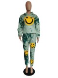 Winter Green Print Smile Emoji Hood Two Piece Pants Sweatsuit